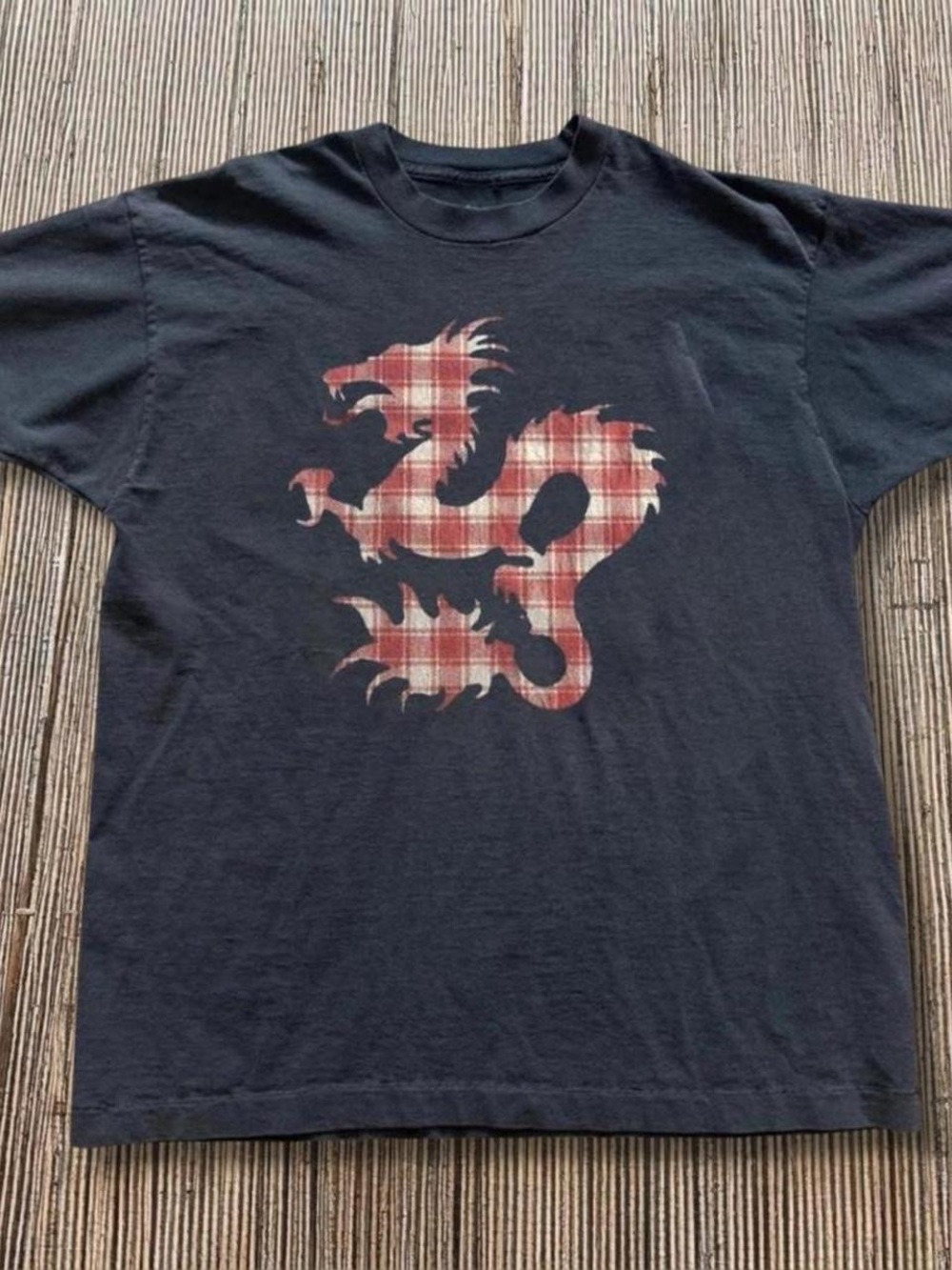 Gildan Black Tee with Red Plaid Dragon Graphic